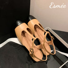 Load image into Gallery viewer, Khaki-Leather-T-Straps-Sandals-with-Flower-Buckle-Product-shots