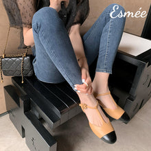 Load image into Gallery viewer, Khaki-Leather-T-Straps-Sandals-with-Flower-Buckle-model-shots