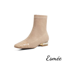 將圖片載入圖庫檢視器 Khaki-Suede-Ankle-Boots-with-Pearl-Heels-and-Alligator-Toe-Cap-product-shots-white-background