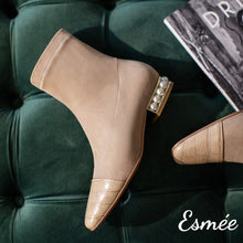 將圖片載入圖庫檢視器 Khaki-Suede-Ankle-Boots-with-Pearl-Heels-and-Alligator-Toe-Cap-product-shots