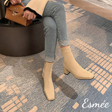 將圖片載入圖庫檢視器 Khaki-Suede-High-Heel-Ankle-Boots-with-Square-Toe-Design-model-shots