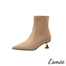 將圖片載入圖庫檢視器 Khaki-Suede-Pointed-Toe-Ankle-Boots-with-Golden-Kitten-Heels-product-shots-white-background
