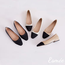 Load image into Gallery viewer, Khaki-black-white-leather-ballet-flats-with-black-toe-cap-product-shots