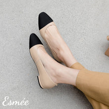 Load image into Gallery viewer, Khaki-leather-ballet-flats-with-black-toe-cap-model-shots