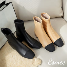 將圖片載入圖庫檢視器 Leather-Ankle-Boots-with-Block-Heels-and-Black-Almond-Toe-Cap-product-shots