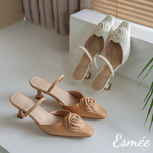 Load image into Gallery viewer, Leather-High-Heel-Mules-with-Rosebud-Design-product-shots