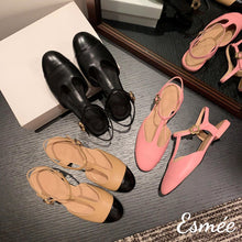 Load image into Gallery viewer, Leather-T-Straps-Sandals-with-Flower-Buckle-Product-shots