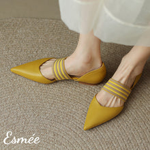 Load image into Gallery viewer, Mustard-Leather-D-Orsay-Shoes-with-Thick-Ribbon-Straps-model-shots