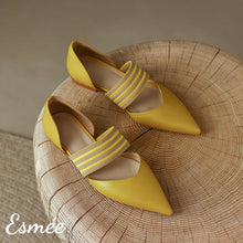 Load image into Gallery viewer, Mustard-Leather-D-Orsay-Shoes-with-Thick-Ribbon-Straps-product-shots