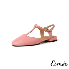 Load image into Gallery viewer, Pink-Leather-T-Straps-Sandals-with-Flower-Buckle-Product-shots-white-background