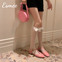 Load image into Gallery viewer, Pink-Leather-T-Straps-Sandals-with-Flower-Buckle-model-shots