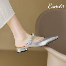 Load image into Gallery viewer, Silver-Leather-Flat-Mules-with-Diamond-Straps-model-shots