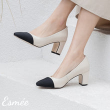 Load image into Gallery viewer, White-Leather-Block-Heels-with-Black-Almond-toe-model-shots