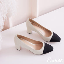 Load image into Gallery viewer, White-Leather-Block-Heels-with-Black-Almond-toe-product-shots