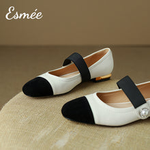 Load image into Gallery viewer, White-Leather-Mary-Janes-with-Golden-Heels-and-Black-Toe-Cap-product-shots