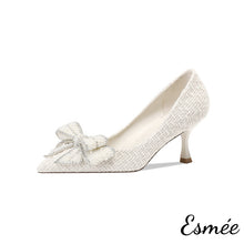 將圖片載入圖庫檢視器 White-Pearl-Design-Fabrics-High-Heels-with-Bow-Knot-product-shots-white-background