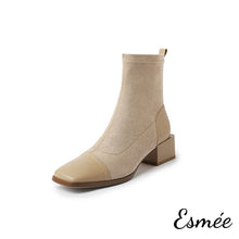 Load image into Gallery viewer, Almond-Suede-Ankle-Boots-with-Leather-Square-Toe-Cap-product-shots-white-background
