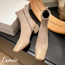 Load image into Gallery viewer, Almond-Suede-Ankle-Boots-with-Leather-Square-Toe-Cap-product-shots
