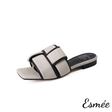 Load image into Gallery viewer, Beige-Black-Leather-Flat-Sandals-with-Thick-Woven-Design-product-shots-white-background
