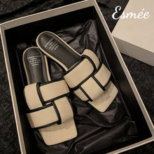 Load image into Gallery viewer, Beige-Black-Leather-Flat-Sandals-with-Thick-Woven-Design-product-shots
