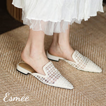 Load image into Gallery viewer, Beige-Embroidered-Cotton-Mules-with-Open-Mesh-Design-model-shots
