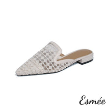 Load image into Gallery viewer, Beige-Embroidered-Cotton-Mules-with-Open-Mesh-Design-product-shots-white-background
