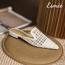 Load image into Gallery viewer, Beige-Embroidered-Cotton-Mules-with-Open-Mesh-Design-product-shots
