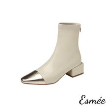 Load image into Gallery viewer, Beige-Leather-Ankle-Boots-with-Metallic-Toe-Cap-product-shots-white-background
