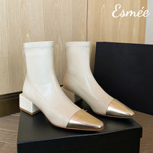 Load image into Gallery viewer, Beige-Leather-Ankle-Boots-with-Metallic-Toe-Cap-product-shots
