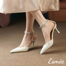 將圖片載入圖庫檢視器 Beige-Leather-High-Heel-Mules-with-Diamond-Ankle-Straps-model-shots
