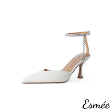 Load image into Gallery viewer, Beige-Leather-High-Heel-Mules-with-Diamond-Ankle-Straps-product-shots-white-background
