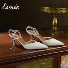 Load image into Gallery viewer, Beige-Leather-High-Heel-Mules-with-Diamond-Ankle-Straps-product-shots
