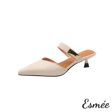 Load image into Gallery viewer, Beige-Leather-High-Heel-Mules-with-Metal-Buckle-Design-product-shots-white-background
