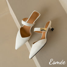 Load image into Gallery viewer, Beige-Leather-High-Heel-Mules-with-Metal-Buckle-Design-product-shots
