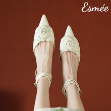 Load image into Gallery viewer, Beige-Leather-High-Heel-Sandals-with-Rosebud-Design-model-shots
