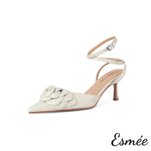 Load image into Gallery viewer, Beige-Leather-High-Heel-Sandals-with-Rosebud-Design-product-shots-white-background
