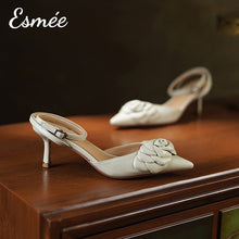 Load image into Gallery viewer, Beige-Leather-High-Heel-Sandals-with-Rosebud-Design-product-shots
