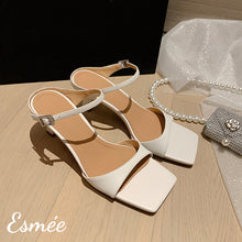 Load image into Gallery viewer, Beige-Leather-High-Heel-Sandals-with-Square-Toe-Design-product-shots
