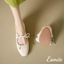 Load image into Gallery viewer, Beige-Leather-Maryjanes-with-Bow-Knot-Design-model-shots
