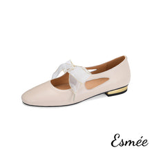 Load image into Gallery viewer, Beige-Leather-Maryjanes-with-Bow-Knot-Design-product-shots-white-background
