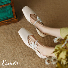 Load image into Gallery viewer, Beige-Leather-Maryjanes-with-Flower-Buckle-model-shots
