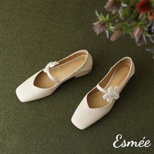 Load image into Gallery viewer, Beige-Leather-Maryjanes-with-Flower-Buckle-product-shots
