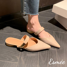 Load image into Gallery viewer, Beige-Leather-Pointed-Toe-Mules-with-Metal-Buckle-Design-model-shots
