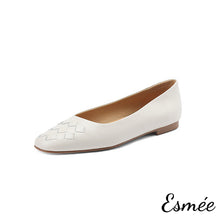 Load image into Gallery viewer, Beige-Leather-Rounded-Toe-Flats-with-Woven-Design-product-shots-white-background
