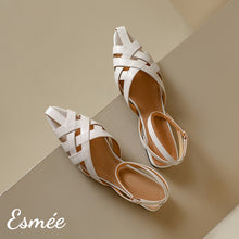 Load image into Gallery viewer, Beige-Leather-Sandals-with-Woven-Design-and-Ankle-Straps-product-shots
