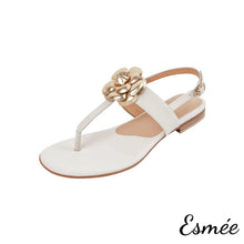 Load image into Gallery viewer, Beige-Leather-T-Straps-Sandals-with-Golden-Flower-Design-product-shots-white-background
