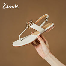 Load image into Gallery viewer, Beige-Leather-T-Straps-Sandals-with-Golden-Flower-Design-product-shots
