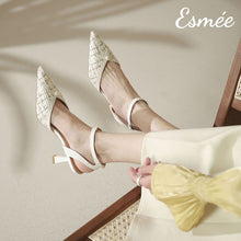 Load image into Gallery viewer, Beige-Tweed-Fabrics-High-Heel-Sandals-with-Pearl-Design-model-shots
