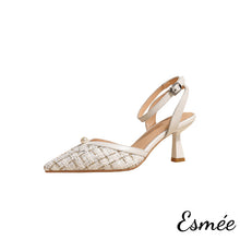 Load image into Gallery viewer, Beige-Tweed-Fabrics-High-Heel-Sandals-with-Pearl-Design-product-shots-white-background
