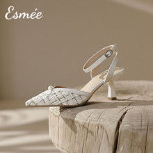 Load image into Gallery viewer, Beige-Tweed-Fabrics-High-Heel-Sandals-with-Pearl-Design-product-shots
